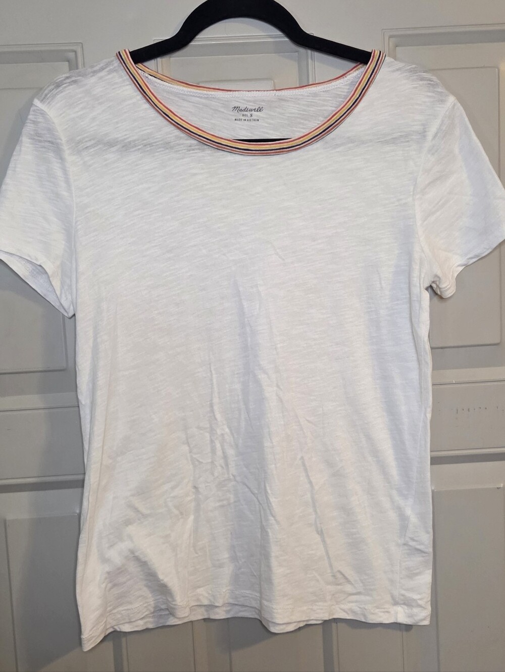 Madewell White Short-Sleeve Burnout Tee with Multicolor Striped Neckline